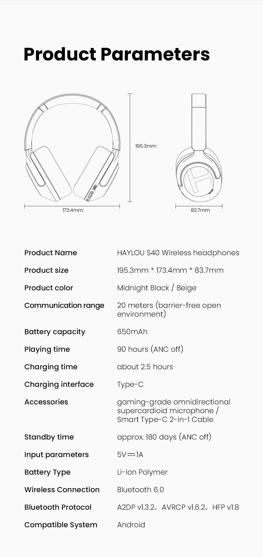HAYLOU S40 ANC Wireless Headphone 50dB Noise Canceling Hi-Res 3D Spatial Audio Earphone with LDAC Bluetooth 6.0 Over Ear Headset