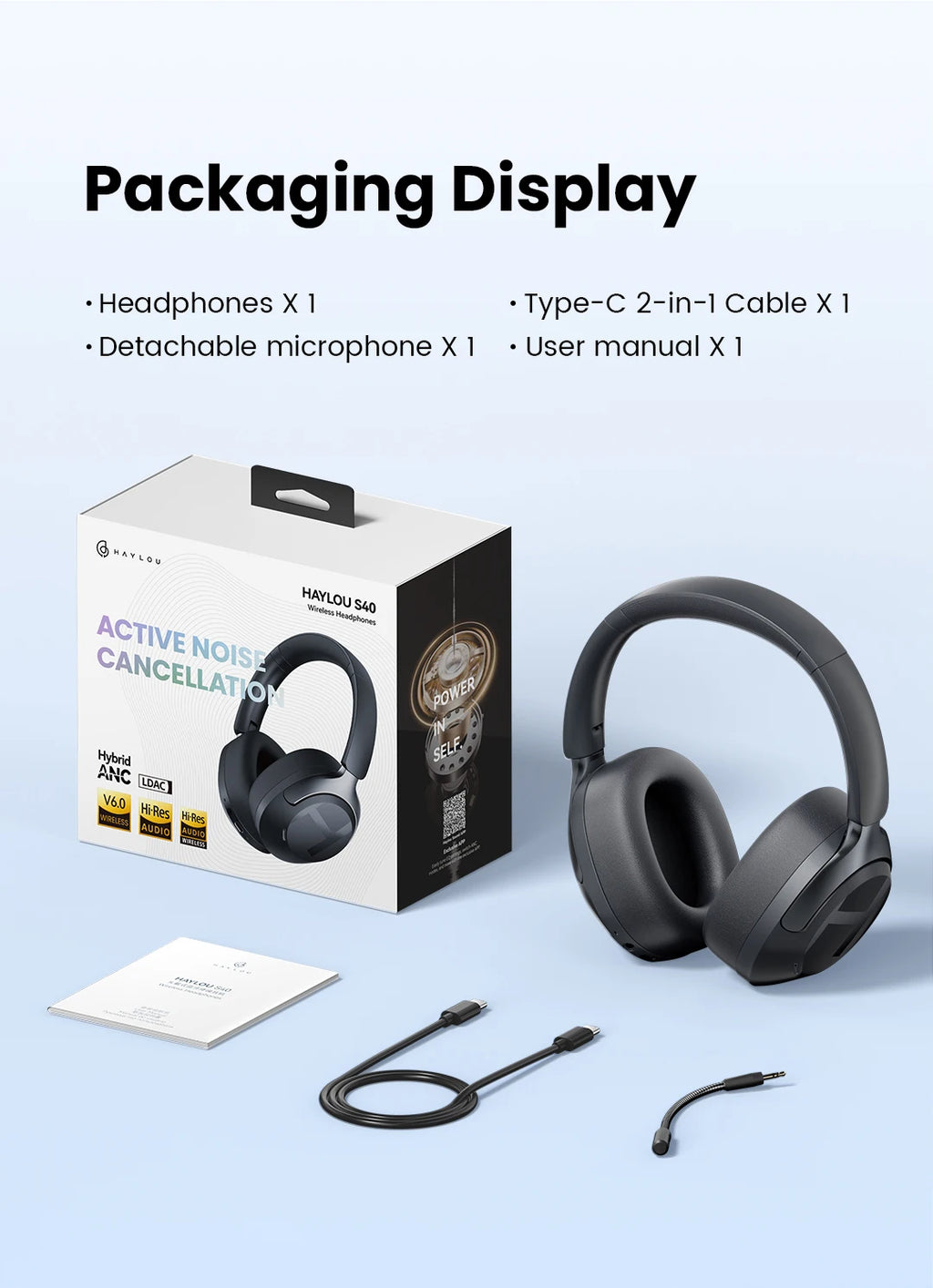 HAYLOU S40 ANC Wireless Headphone 50dB Noise Canceling Hi-Res 3D Spatial Audio Earphone with LDAC Bluetooth 6.0 Over Ear Headset