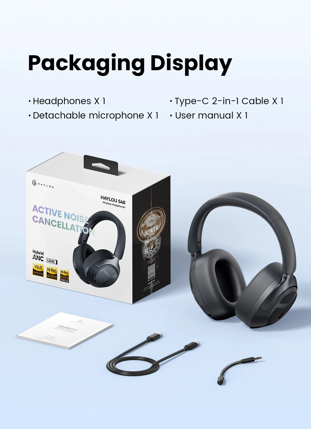 HAYLOU S40 ANC Wireless Headphone 50dB Noise Canceling Hi-Res 3D Spatial Audio Earphone with LDAC Bluetooth 6.0 Over Ear Headset