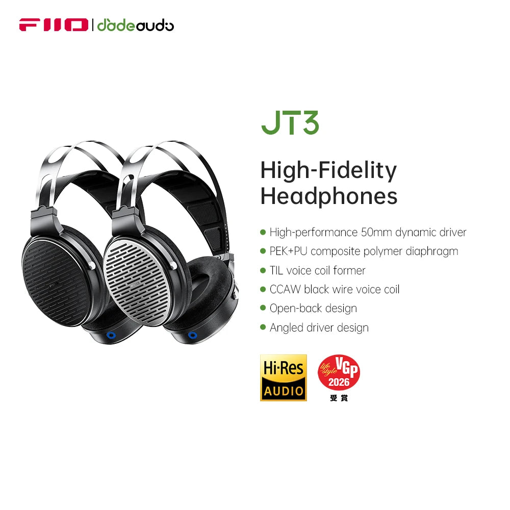 FiiO JT3 Over-Ear Open-Back Headphones, 50mm Dynamic Driver, PEK+PU Composite Diaphragm, Detachable 3.5mm Cable with Mic