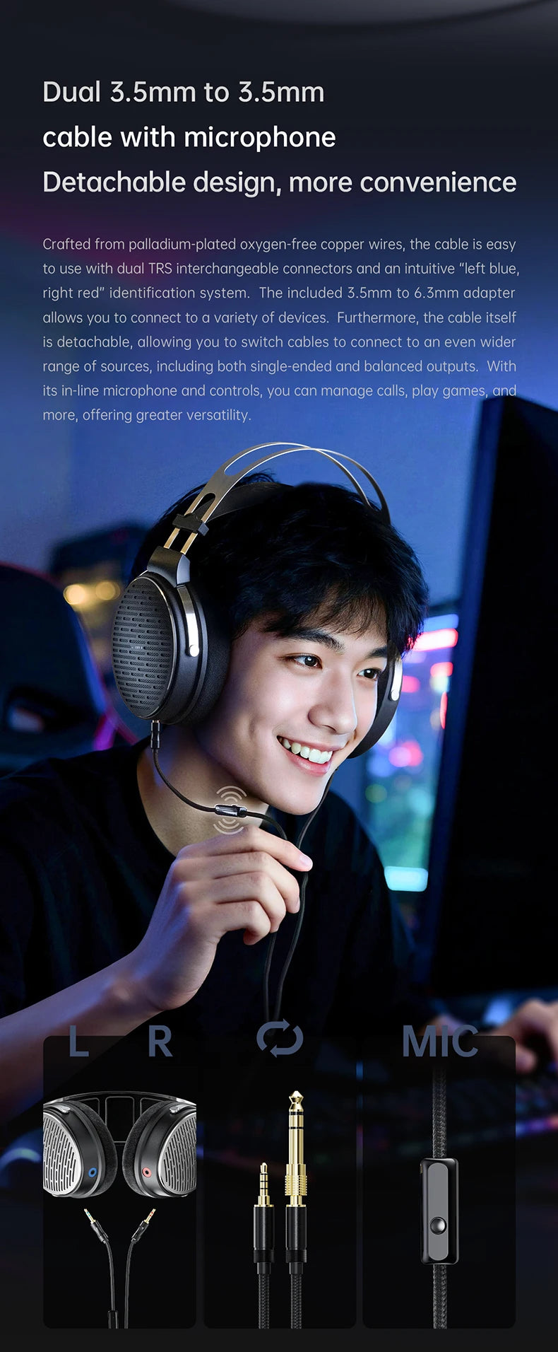FiiO JT3 Over-Ear Open-Back Headphones, 50mm Dynamic Driver, PEK+PU Composite Diaphragm, Detachable 3.5mm Cable with Mic