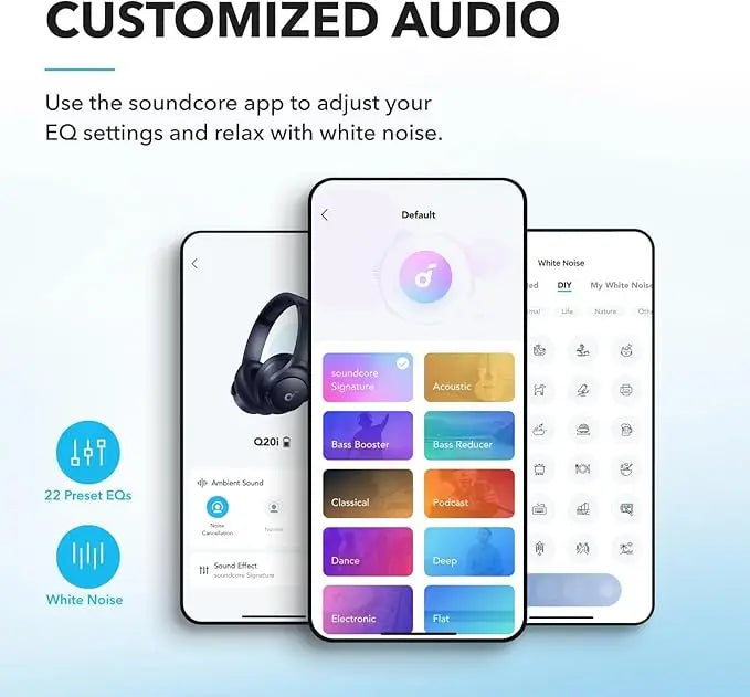 soundcore by Anker Q20i Hybrid ANC Headphones - Wireless Over-Ear BT - 40H Long ANC Playtime - Hi-Res Audio - Big Bass - Customize via an App - Transparency Mode (Refurbished)