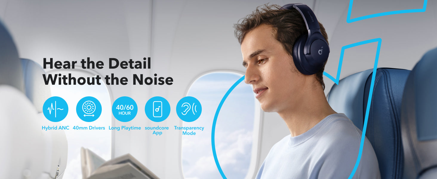 soundcore by Anker Q20i Hybrid ANC Headphones - Wireless Over-Ear BT - 40H Long ANC Playtime - Hi-Res Audio - Big Bass - Customize via an App - Transparency Mode (Refurbished)
